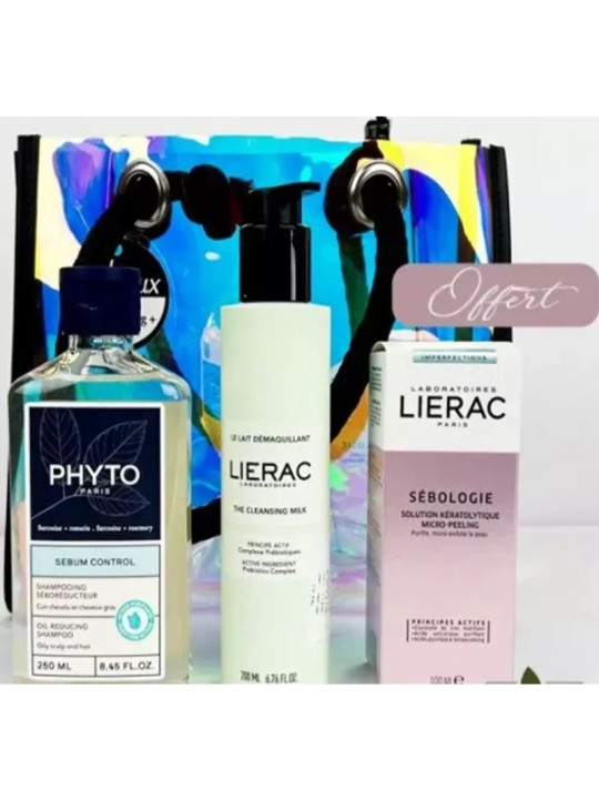 LIERAC SAC LAIT DEMAQUILLANT + SEBOLOGIE MICRO PEELING + PHYTO SEBUM CONTROLE SHAMPOOING